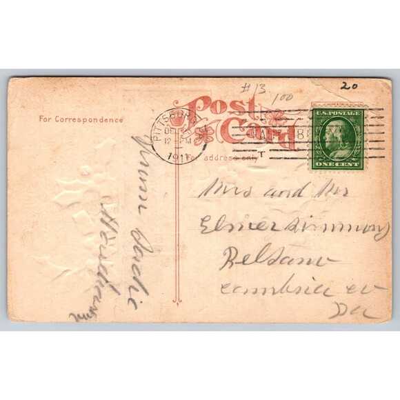 Postcard Merry Christmas Holly Cottages Embossed Posted 1911 Pittsburg PA Stamp - Picture 2 of 2